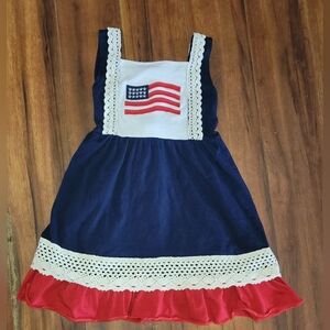 Handmade Patriotic Kid's Red White & Blue Dress Red Ruffled Trim American Flag